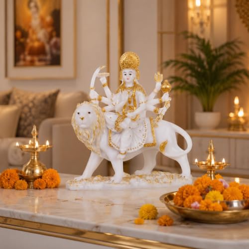 Image of ARMONIA Goddess Durga Idol Sherawali Mata Murti for Home Temple Mandir | Maa Durga Statue for Pooja Room Decor |Marble Dust| Best Gift for Navratri & Housewarming 10 Inch (1 Microfiber Cleaning Cloth)