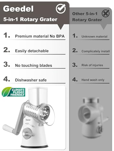 Geedel Käsereibe, Reibe für Gemüse mit 5 Trommelblättern, Gemüseschneider für Käse, Ice, Gurken, Karotten, Nüsse usw, Slushy Maker Ice Crusher Trommelreibe Schnelleres und Einfaches Schneiden (Weiß) 2