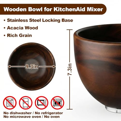 Image of Cofun Premium Wood Mixing Bowl, Compatible with 4.5-5 Qt Tilt-Head Stand Mixers, Natural True Wooden Bowls, 5 Qt Kitchen Aid Bowls for Mixer with Stainless Steel Locking Base