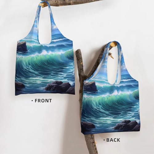 (Blue Sea Landscape) Large Tote Shoulder Bag Fashion Canvas Handbag Reusable Shopping Bag Travel Bag For Women3