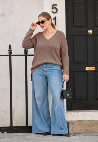 Image of RITERA Plus Size Women Sweaters Waffle Knit Pullover Top Long Sleeve Casual Crewneck Shirt Loose Split Hem Fall Winter Blouse