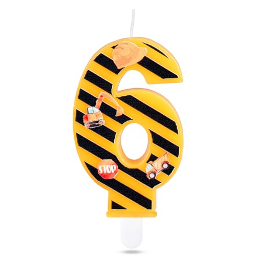 iNINGER Construction Birthday Candles,6th Birthday Candle Yellow and Black Stripes Candle,Number 6 Candle Happy Birthday Cake Candle for Boys Construction Birthday Party Decorations Supplies