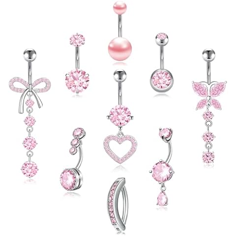 EVELICAL 9Pcs 14G Belly Button ring Dangle Belly Rings Surgical Stainless Steel Cute CZ Heart Butterfly Flower Clicker Belly Piercings for Women Navel Piercings Jewelry Style A Cover