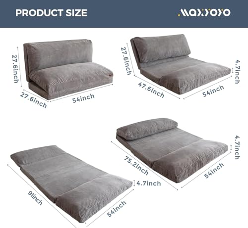 Image of MAXYOYO Folding Sofa Bed, Extra Thick and Long Floor Sofa Convertible Chair with Washable Cover, Floor Couch Lounge Bean Bag Bed for Living Room, Grey, 54x91 Inch