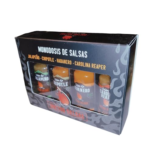 Doctor Salsas - Pack Degustación Mini Salsas Picantes (4 x 20 ml): Jalapeño, Chipotle, Habanero, Carolina Reaper