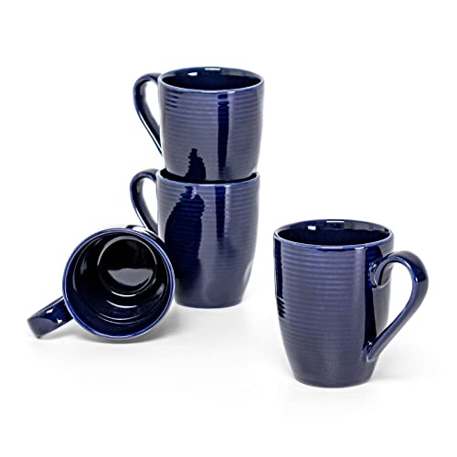 Juego de 4 Tazas de Cerámica de Exquisito Diseño, Juego de Tazas de Café de 350mL para 4 Personas Taza de Desayuno de Estilo Moderno, Apta para Lavavajillas, Exquisita Porcelana, Azul Profundo Cover