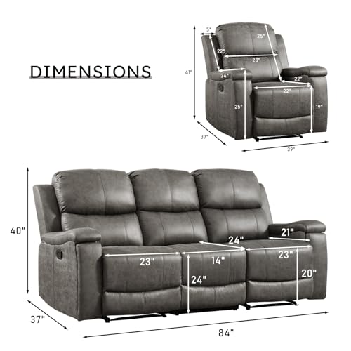 Image of CANMOV Faux Leather Manual Recliner Sofa Set, Manual Reclining Sofa and Recliner Chair with Concealed Cup Holders for Living Room,Bedroom Furniture,Grey