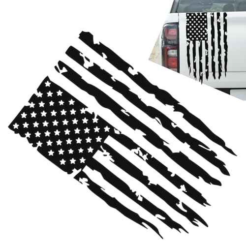 Image of American Flag Truck Decals - Distressed US Flag Tailgate Stickers - Waterproof Vinyl Decal for Pickup Trucks, Cars & SUVs - USA Patriotic Car Body Decoration (Black)