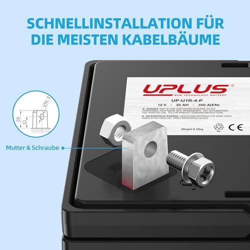 UPLUS UP-U1R-4-P Rasentraktor Batterie 350A 12V 30Ah AGM Rasentraktor Batterie Starterbatterie für Aufsitzmäher wartungsfrei Maße: 195x125x176 mm (-，+)