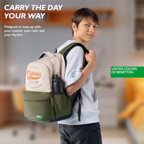 Image of United Colors of Benetton Unisex High-School Backpack CALAFIA | 3-Compartment Organised Daypack with Airmesh Padding | Backpack for School Girls & Boys | 26L Capacity