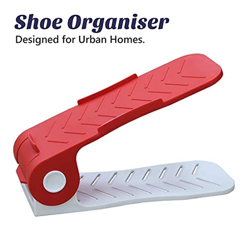 mechdel Adjustable Height Shoe Organizer / Organiser / Shoe Shelf / Rack / Space Saver – Dual Layer Plastic Shoe Stand for Home, Closet & Entryway (Red, 6PCS)