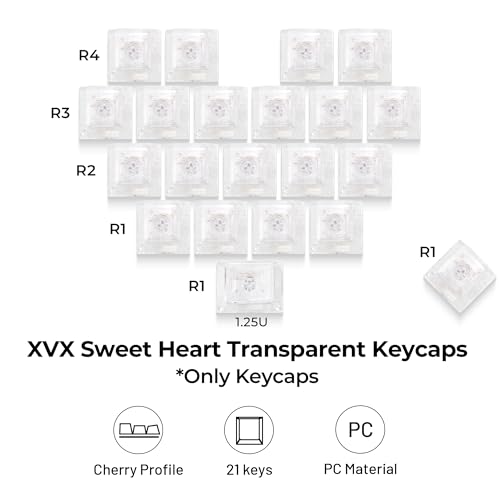 Image of XVX Blank Crystal Transparent Keycaps, PC Material Custom DIY Sweet Heart Keyboard Caps, Backlit Clear Glitter Candy Keycap Cherry Profile for MX Switches Mechanical Keyboard (21pcs)