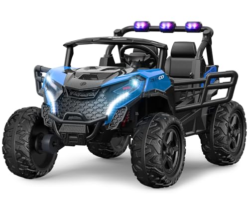 ARBELI 24V 2 Seater Ride on Car Truck 4x200W, EVA Tires, 4WD/2WD, Rainbow Lights, Remote Control, Shock Absorbers, Bluetooth, Ride on Toy for Big Kids Ages 3-8, Blue