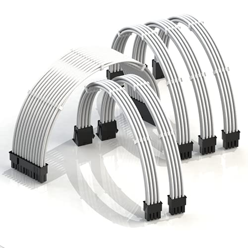 LINKUP   AVA 30cm Cable con Manguito   Prolongación de Cable para Fuente de Alimentación con Kit de Alineadores   Compatible con RTX3090|1x 24P (20+4) MB| 2x 8P (4+4) CPU| 3x 8P (6+2) GPU|300mm Blanco