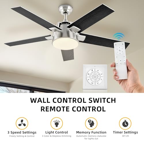 DWVO Ceiling Fan with Light and Wall Switch Remote, Quiet Reversible Motor, Dimmable LED Color, Memory Function for Bedroom Living Room Patio Indoor Outdoor, 52 Inch Modern Silver & Black Fan,