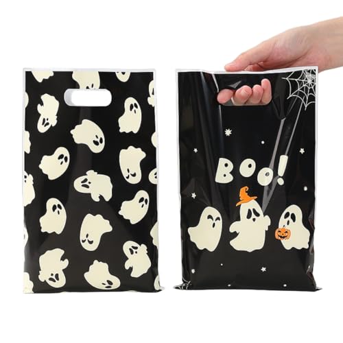 手提げ袋 レジ袋 ハロウィン ラッピング袋 お菓子 キャンディバッグ 16.5×25cm 50PCS プレゼント ギフトバッグ 小分け かわいい 幽霊 かぼちゃ (黒)