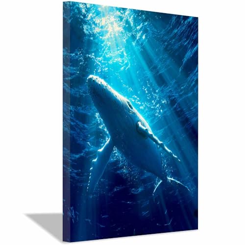 Rorqual bleu nageant sur toile encadrée bleu canard d'eau