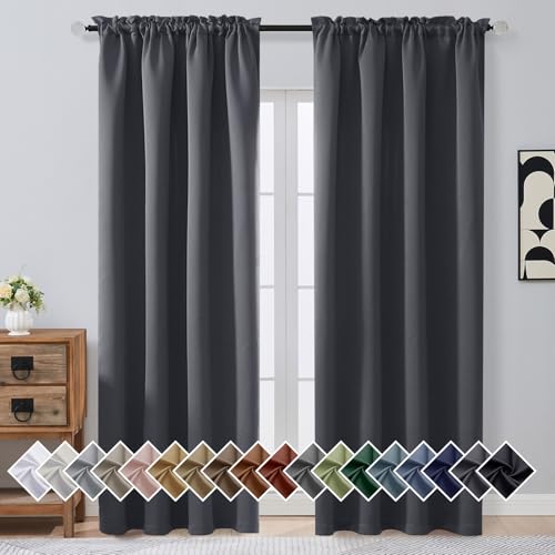 Image of Charcoal Grey Blackout Curtains for Bedroom 90 Inch Length 2 Panels, Room Darkening Soft Fabric Curtain Panels for Living Room, Modern Window Treatments Dual Rod Pocket Design, 2x50Wx90L Inches