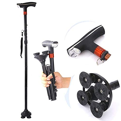 Bastón para Caminar Ancianos Bastón Plegable para Caminar Soporte de Aluminio Muletas Telescópico Antideslizante Bastón Ajustable de Cuatro Patas con luz LED Alarma SOS Decorate