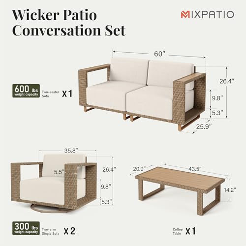 Image of MIXPATIO Patio Furniture Set with Swivel Chairs, 4 Piece Outdoor Wicker Sofa Couch with 10 inch Thick Cushions, Yellow Rattan Deep Seating Conversation Set with Table, Low Profile Deck Yard Lawn Furniture