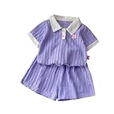 Girls 2-Piece Cotton Linen Outfits Kids Short Sleeve Tops Elastic Waist Baggy Shorts Teen Summer Casual Fashion Cute(Light Violet, 12-18 Months)