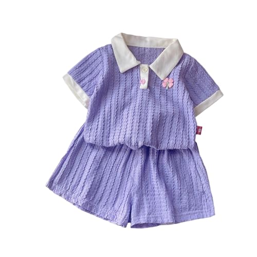 Girls 2-Piece Cotton Linen Outfits Kids Short Sleeve Tops Elastic Waist Baggy Shorts Teen Summer Casual Fashion Cute(Light Violet, 12-18 Months)