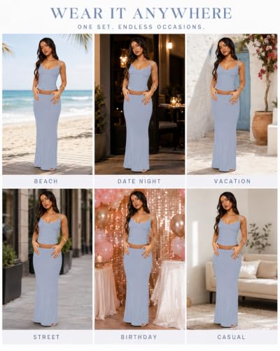 Image of Two Piece Skirt Set Women Maxi Long Skirt and Top Outfit | Soft stretchy 5 pc, slim bodycon, adjustable spaghetti straps, ruched crop tank, elastic waist, going out, beach vacation