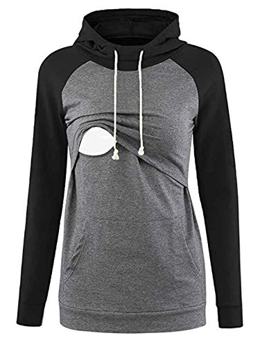 JIER Frauen Kapuzenpullover Stillen Umstands Pullover 2in1 Pflege und Schwangerschaft Stillkleidung Maternity Hoodie Sweatshirt Stillshirts (Grau,Medium) Cover