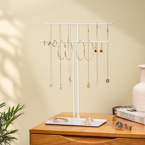 bussdis Necklace Holder Jewelry Stand Organizer for Necklaces and Bracelets, Metal Display Stand, Gift for Women, Ideal for Home, Bedroom, or Vanity, White