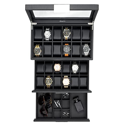 Glenor Co Watch Box With Valet Drawer For Men - 24 Slot Luxury Watch Case Display Organizer, Carbon Fiber Design - Metal Buckle For Mens Jewelry Watches, Men's Storage Boxes Holder Has Large Glass Top #TOP2
