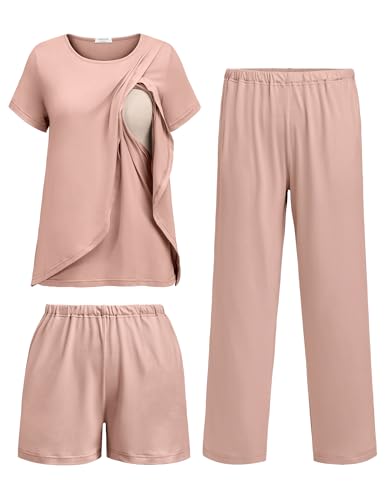 Image of Ekouaer 3 PCS Maternity Nursing Pajamas Set Postpartum Breastfeeding Short Sleeve Shirts, Pregnancy Shorts & Pants Pjs S-XXL