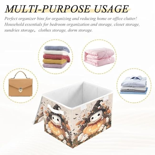 Halloween Cute Ghosts Storage Box with Lid and Handles Large Collapsible Fabric Storage Basket Shelf Closet Organizer Bin Holiday Gift Box for Home Bedroom Office