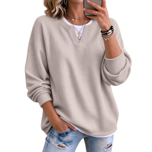 Women's Waffle Knit Tops Faux Layered V Neck Henley Tops for Women | Waffle Knit, Thermal Warm, Relaxed Fit, Drop Shoulder, Smart‑Casual, Long Sleeve, Fall Winter, Ribbed Texture, Oversized - image 1