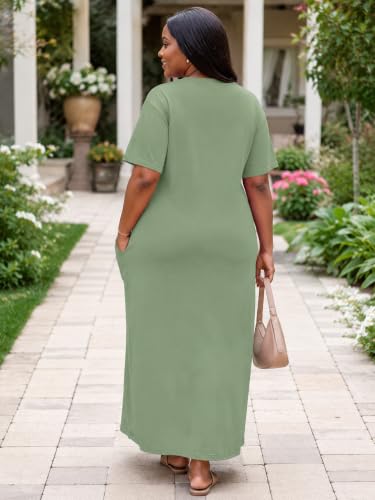 Image of Plus Size Maxi Dress for Women Short Sleeve V Neck Casual Loose Sundress with Pockets