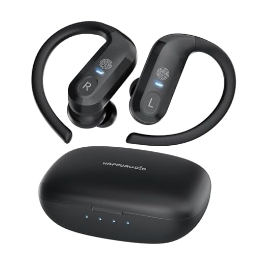 HAPPYAUDIO S1 Bluetooth 5.0 TWS Fone de ouvido sem fio esportivo com ganchos de ouvido Controle de volume do microfone integrado, IPX7 resistente à água à prova de suor, 56 horas de reprodução