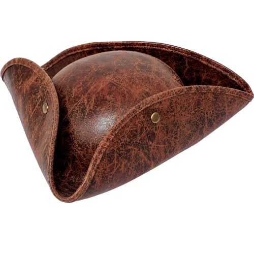 COLLECT PRESENT Distressed Brown Faux Leather Pirate Tricorn Hat for Adults - Vintage Style Brown Pirate Tricorn Hat for Men & Women