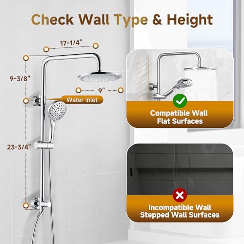 Image of BRIGHT SHOWERS Rain Shower Heads System Including Rainfall Shower Head and Handheld Shower Head with Height Adjustable Holder, Solid Brass Rail, 60 Inch Long Stainless Steel Shower Hose, Chrome