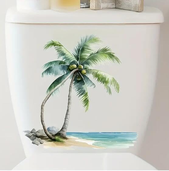 Christmas Tropical Beach Palm Tree Toilet Cover Sticker Decals Waterproof Toilet Lid Tank Seat Decals Cistern Self-Adhesive Bathroom Wall Sticker