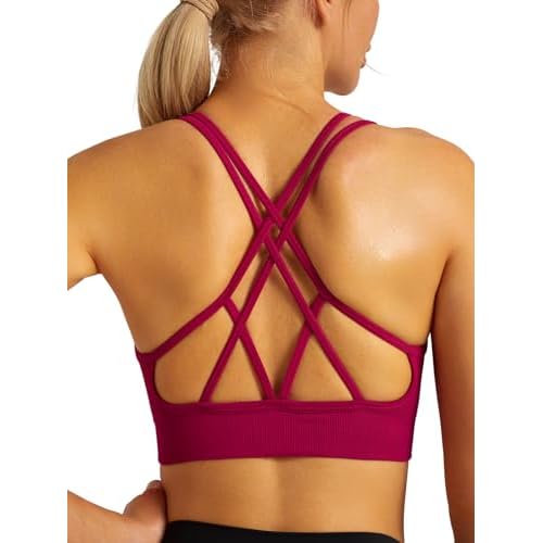 RUNNING GIRL Sports Bras for Women Pack Criss Cross Back Sexy Strappy Sports Bra Seamless Padded Yoga Bra with Removable Cups Medium One Pair Brick Red