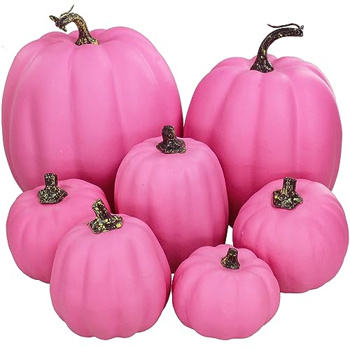 Image of 7 Pcs Assorted Sizes Hot Pink Artificial Pumpkins Fall Decorative Pumpkins Deep Pink Foam Pumpkins for Gifts Fall Halloween Thanksgiving Wedding Baby Shower Farmhouse Table Centerpiece Mantel Decor