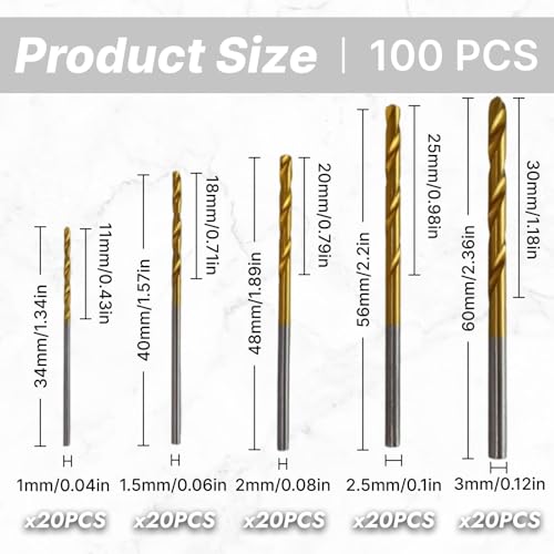 100 Stück HSS Mini Bohrer Set Metall Spiralbohrer in 5 Größen 1/1,5/2/2,5/3 mm – Titanbeschichtet – Für Holz, Kunststoff & Dünne Metallbleche – Für Akkubohrer geeignet