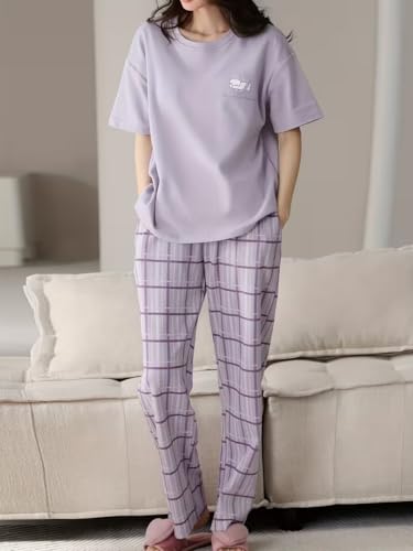 Image of SHIENZY Women Korean Style Night Suit | Round Neck Short Sleeve Cute Printed Cotton Pajama Set for Girls & Women | Soft Nightwear, Loungewear, Sleepwear for Women | Full Pyjama Set | Co-ord Set