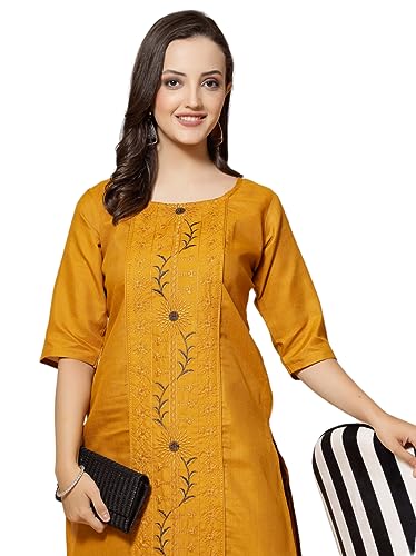 Image of Vinchic Women's Round Neck A-Line Cotton Embroidery Mustard Kurti | L | (EmbMustard01-L)