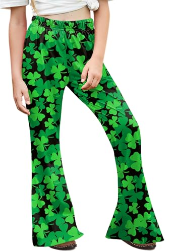 Girls St.Patrick's Irish Clover Print Legging Lucky Shamrock Flared Pants with Pockets 5-14 Years
