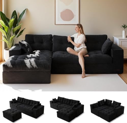 Image of MAXYOYO Boneless Couch, 104-Inch L-Shaped Cloud Couch with Ottoman | Black Upholstered Sofa Features Layered Cushions and Flexible Modules with No Assembly, Ideal for Modern Living Rooms.