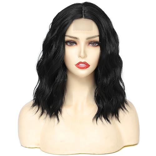 Image of Rose bud Wavy Bob Wig Natural Wig Natural Black Synthetic Hair Shoulder Length Short Curly Middle Part Lace Front Wigs for Women