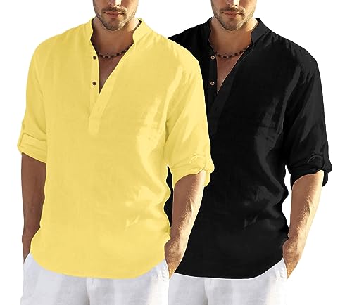 Image of FINIVO FASHION Men's Cotton Blend Solid Full Sleeve Combo Short Kurta Shirt, Regular Fit Solid Pattern Mandarin Collar Straight Kurta Shirt