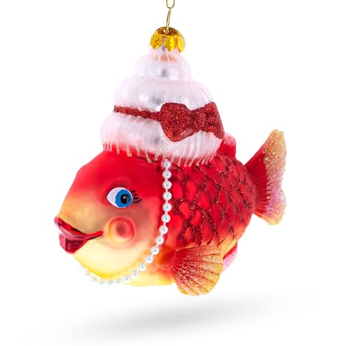 Grandma Fish in Santa Hat Blown Glass Christmas Ornament