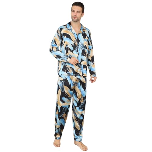 RuanMM Conjunto de pijama de satén para hombre, de manga larga, de seda, con botones, multicolor, de seda, Multicolor 03, M