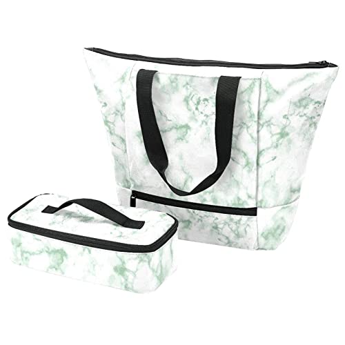 Sac fourre-tout marbre vert avec boîte déjeuner et pochette isotherme